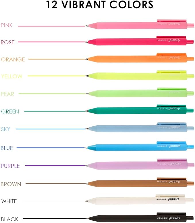 Grabie Acrylic Gel Pens, 0.6mm Fine Point Retractable Gel Pens for Journaling Note Taking, Pack of 12