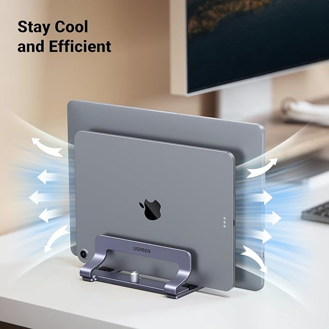 UGREEN 3-Slot Vertical Laptop Stand Holder Desk Compatible with MacBook Pro Air Laptop Stand Desktop Adjustable, Lenovo Ideapad, Surface Book, HP Notebook, Dell Chromebook Up to 17.3 Inch, Space Gray