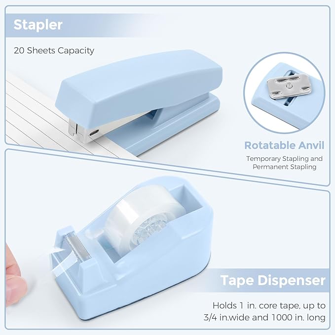 SKYDUE Blue Office Supplies Set, Office Desk Accessories, Mesh Desk Organizer, Stapler, Tape Dispenser, Scissors, Binder/Paper Clips and 1000pcs Staples, Office Supplies for Teacher