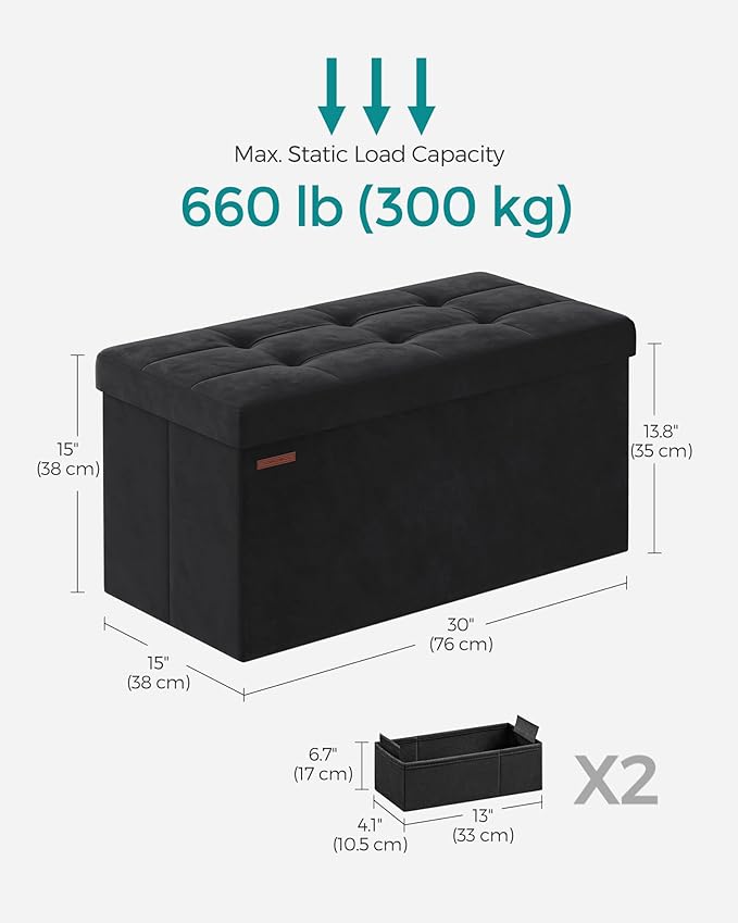SONGMICS Mazie Collection - Storage Ottoman Bench, Foldable Foot Rest, 15 x 30 x 15 Inches, End of Bed Bench, Storage Chest, Load 660 lb, Living Room, Bedroom, Entryway, Ink Black ULSF247B01