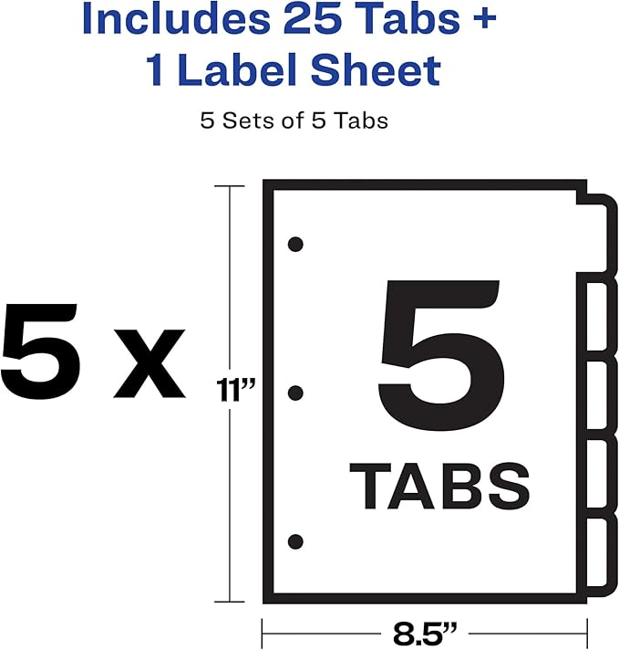 Avery 5 Tab Plastic Dividers for 3 Ring Binder, Easy Print & Apply Clear Label Strip, Index Maker Customizable Multicolor Tabs, 5 Sets (11452)