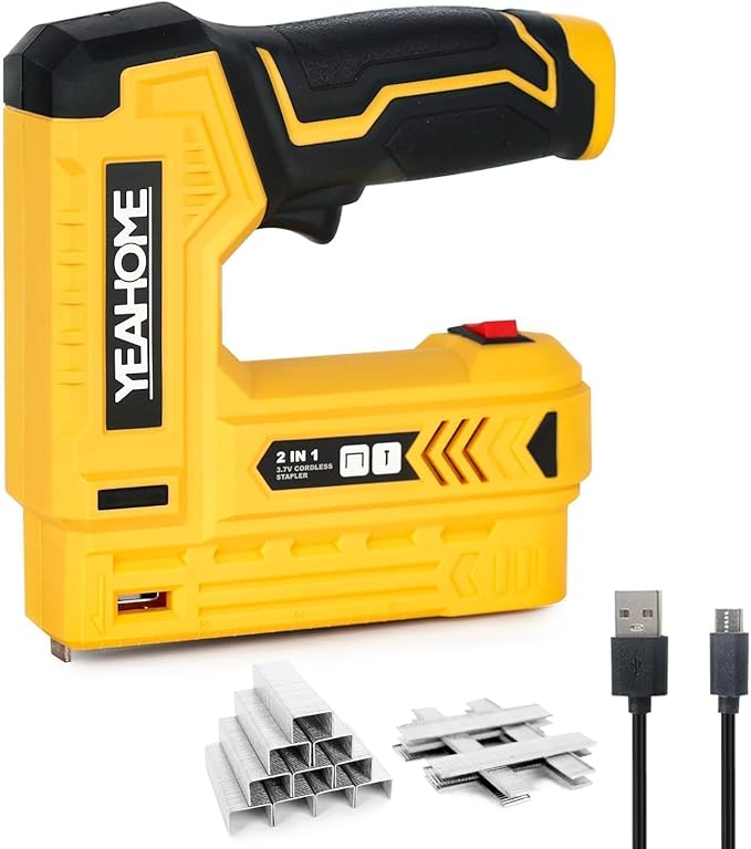 YEAHOME Electric Staple Gun, 2 in 1 Electric Light Duty Brad Nailer/Stapler, 3.7V Power Cordless Stapler Tacker with USB Charger Cable, 1000 Staples for Upholstery, Material Repair and Carpentry