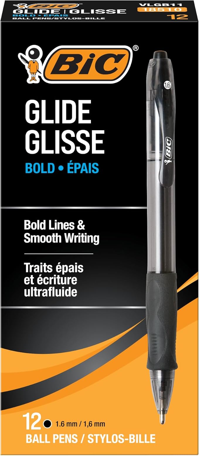 BIC Glide Bold Black Ballpoint Pens, Bold Point (1.6mm), 12-Count Pack, Retractable Ballpoint Pens With Comfortable Full Grip