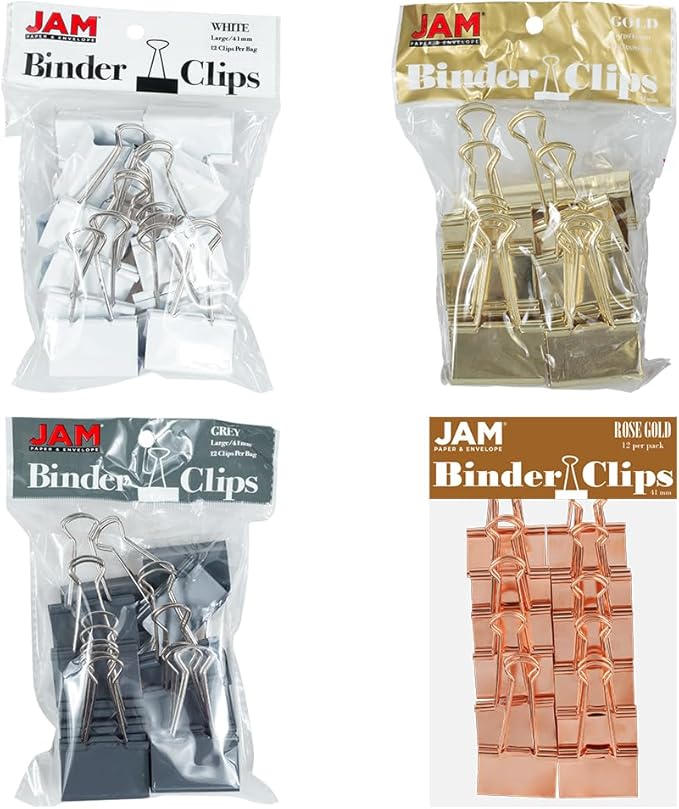JAM PAPER Colorful Binder Clips Assortment - Large - 1 1/2 Inch (41 mm) - Assorted Business Colors - 48 Binderclips/Pack