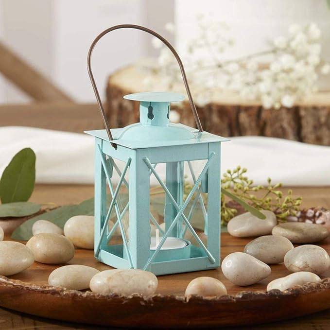 Kate Aspen Decorative Lanterns - Set of 2 - Luminous Metal Lantern Tealight Candle Holders for Wedding, Home Decor and Party - 4.5" H (6.5" H with Handle) – Blue
