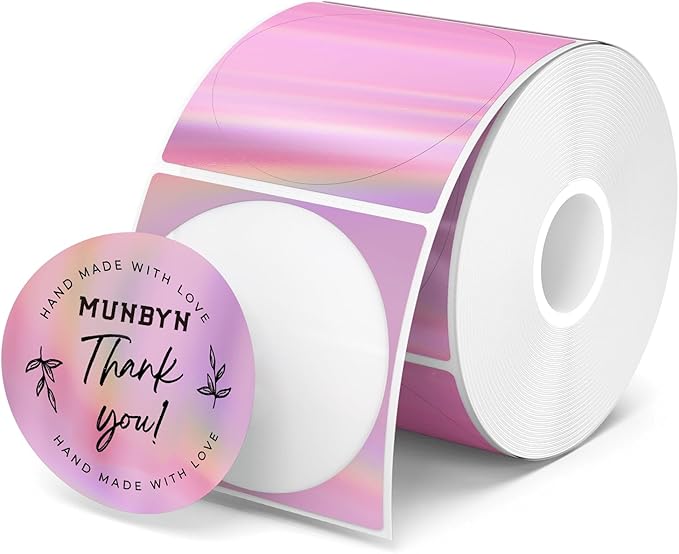 MUNBYN 2" Circle Holographic Thermal Label Stickers Pink, Round Printable Rainbow Glitter Thermal Printer Sticker Labels for Gift Wrapping, Self-Adhesive Name Price Tag DIY Custom Logo Design
