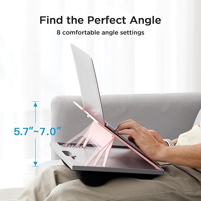 HUANUO Adjustable Lap Desk - with 8 Adjustable Angles & Dual Cushions Laptop Stand for Car Laptop Desk, Work Table, Lap Writing Board & Drawing Desk on Sofa or Bed, Pink