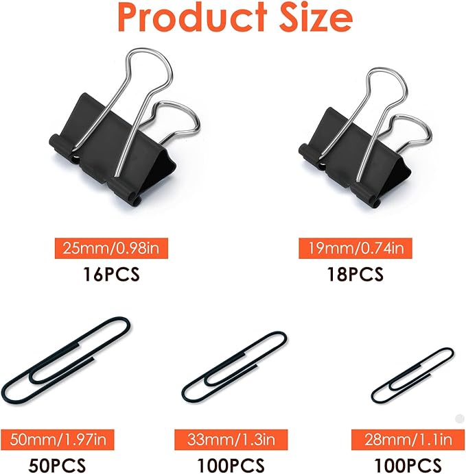 Black Paperclips Office Supplies Set Small Medium Large Paper Clips and Binder Clips Assorted Sizes for Home, School and Office Supplies