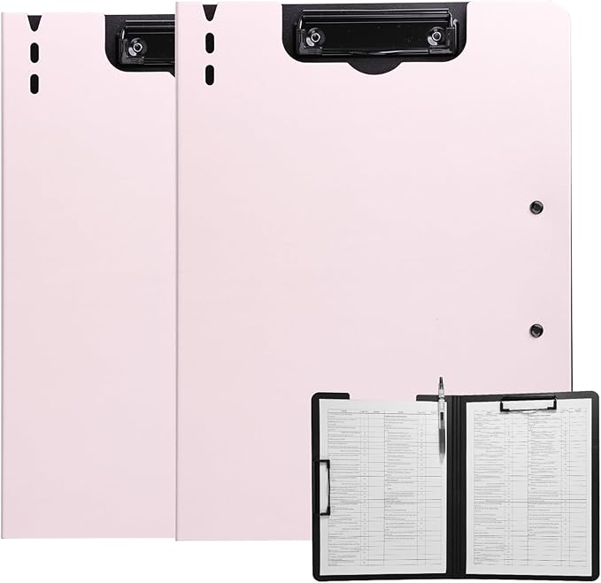 Clipboard Folder, 2 Pcs A4 Foldable Clipboard with Horizontal and Vertical Double Metal Clips, 360 Degree Foldable Binder Clipboards with Pen Holder, File Cover Work Folder Clipboards, Pink