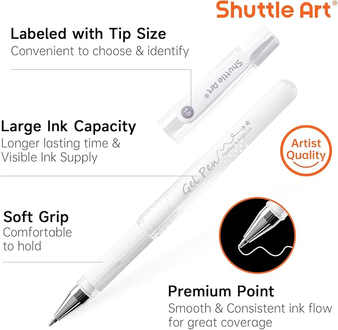 Shuttle Art White Gel Pens, 6 Pack 0.7mm, 1.0mm Gel Ink Pens Fine Point for Black Paper Highlighting Card Making Scrapbooking Coloring Writing Drawing Journaling Note Taking School Office Home