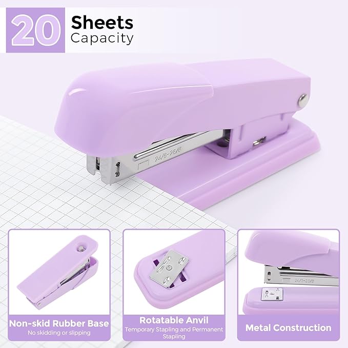 SKYDUE Purple Desk Accessories, Purple Office Supplies Set, Stapler, Tape Dispenser, Scissors, Binder/Paper Clips and 1000pcs Staples,Office Supplies for Women