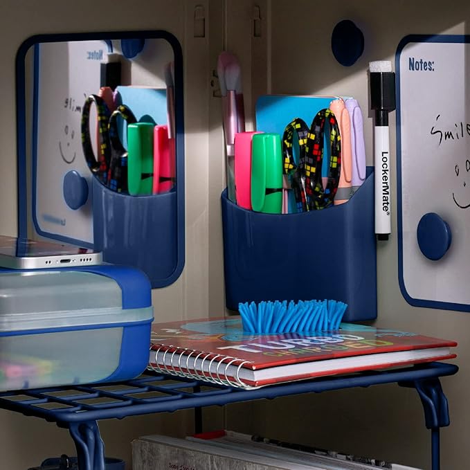 LockerMate 7-Piece Locker Organizer Kit, Includes Locker Shelf, Mirror, Whiteboard, Storage Cup & Dry Erase Marker, Blue