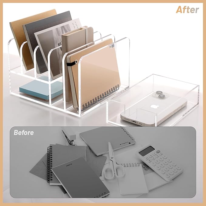SANRUI Desk Organizers and Accessories, Acrylic Mail Organizer Countertop, 5-Slots File Sorter with Drawer, Desktop Organizer for Office Supplies
