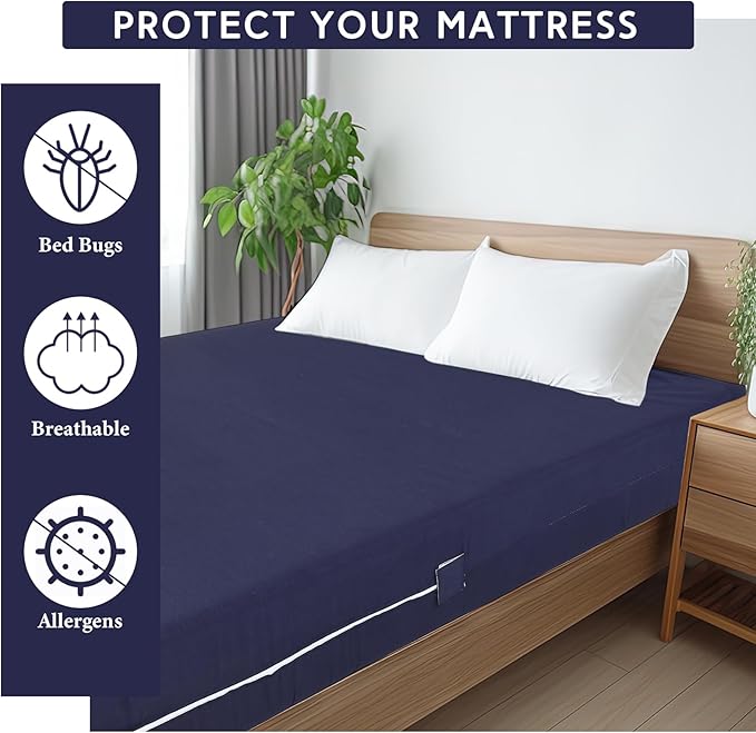 Zippered Mattress Fitted Protector Deep Mattress Encasement Soft Zipper Fitted Sheet Microfiber Bed Sheet Cover for Bed(Navy Blue,Full,12-16in)