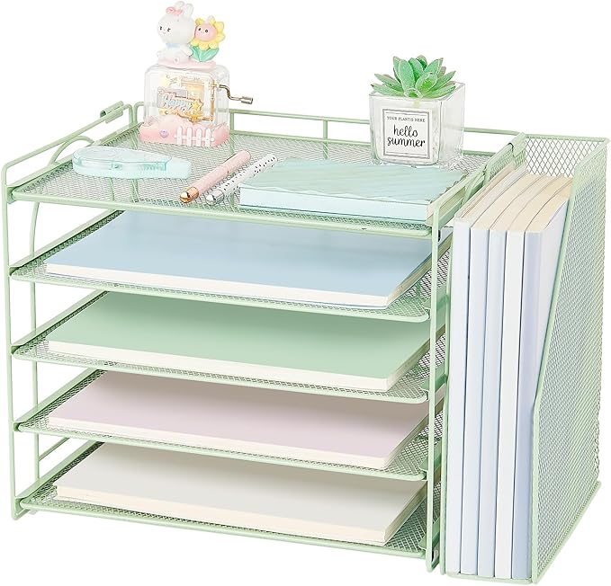 AUPSEN Green Desk Accessories Organizer,5-Tier Letter Tray Paper Organizer with Adjustable File Holder, Desktop Office Desk Accessories for Office Supplies