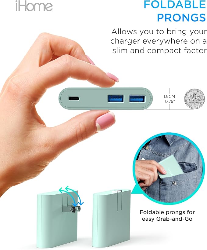 iHome 32W AC Pro Multi Port USB Wall Charger Block - Charging Station for Multiple Devices with 3 Ports (1 USB-C, 2 USB-A) - Fast Charging, Universal Compatibility (Mint)