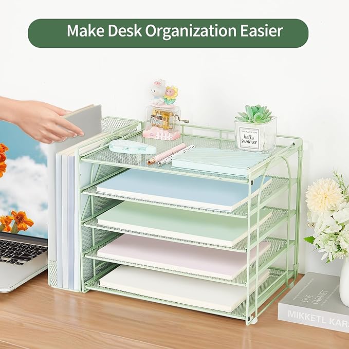 AUPSEN Green Desk Accessories Organizer,5-Tier Letter Tray Paper Organizer with Adjustable File Holder, Desktop Office Desk Accessories for Office Supplies