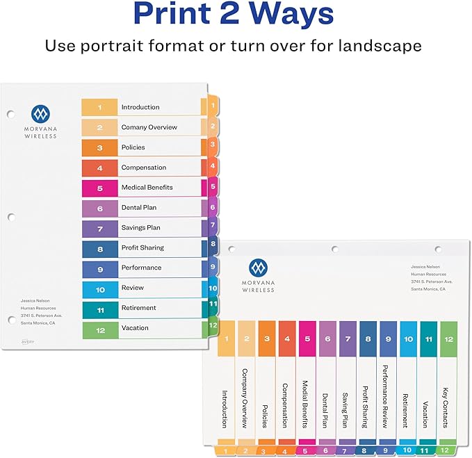 Avery 12 Tab Dividers for 3 Ring Binders, Customizable Table of Contents, Multicolor Tabs, 6 Sets (11196)