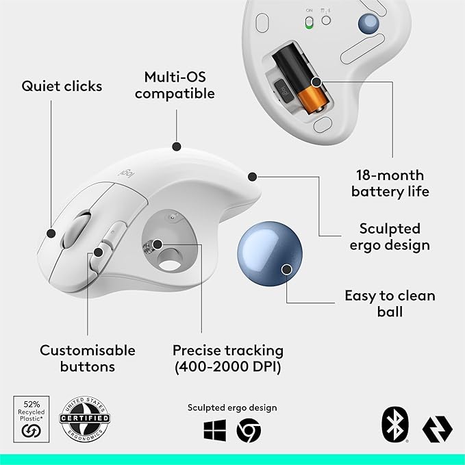 Logitech Ergo M575S Wireless Trackball Mouse, Wireless Ergonomic Mouse with Bluetooth and Encrypted Dongle, Comfortable Thumb Control, Precise and Smooth Tracking, for PC/Mac - Off-White Blue Ball