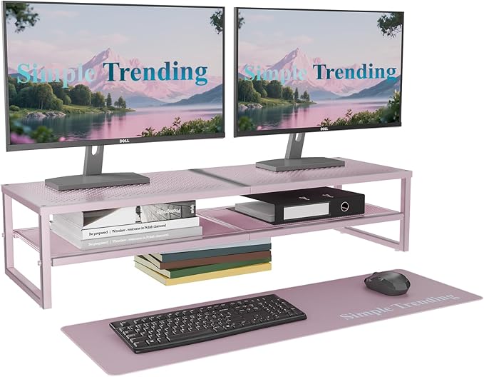 Simple Trending 2 Tier Metal Dual Monitor Stand Riser, Computer Office Desktop Organizer for 2 Monitors with 32"x10" Mouse Pad for Laptop, Printer, TV, Pink