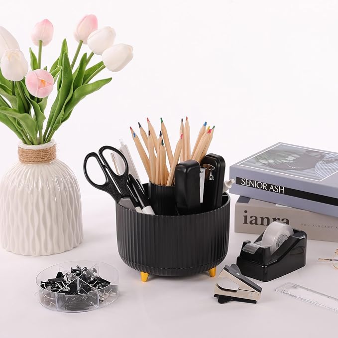 SKYDUE Black Office Supplies, Black Office Desk Accessories 10PCS, Pencil Holder for Desk, Stapler, Tape Dispenser, Scissors, Ruler, Clips and 1000pcs Staples, Desk Supplies Set