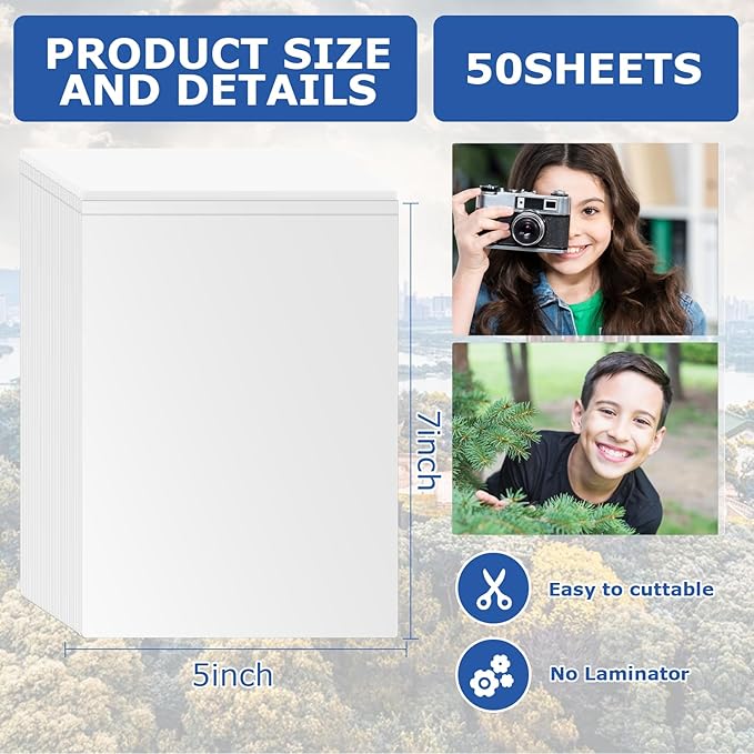 DLUGOPIS 50 Sheets Self Seal Laminating Pouches 5x7 Self Adhesive Laminating Sheet No Heat No Laminating Machine Needed for Photos Index Cards