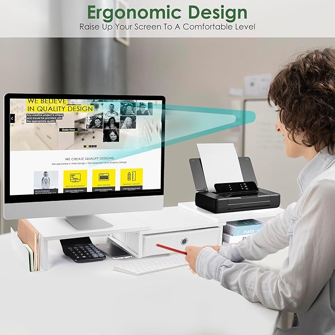 Dual Monitor Stand Riser w/ Drawer & Metal Leg, Large White Computer Monitor Riser w/ Storage For 2 Screens, Desk Shelf w/ Adjustable Length & Angle, Desktop Organizer