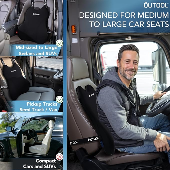 QUTOOL Lumbar Support Pillow for Car, Truck Accessories Travel Essentials, Memory Foam Back Cushion for Driving Seat, Back Pain Relief,Washable Cover, Lower Back Support Fits Most Cars(Black)
