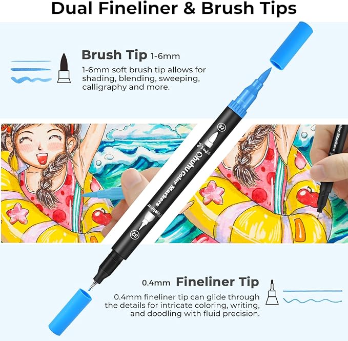 Ohuhu Markers for Adult Coloring Books: 120 Colors Brush Pens Dual Brush Fine Tip Drawing Pens Water-Based Coloring Markers for Calligraphy Bullet Journal with Carrying Case - Maui - Black