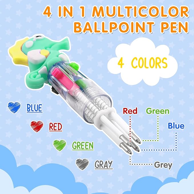arscniek 100Pcs Multicolor Pen in One, 4-in-1 0.5mm Fine Point Cute Pens, Fun Kawaii Ballpoint Pen for Children's Party Favors, Classroom Prizes, Teacher School Supplies, Bulk Gifts for Students