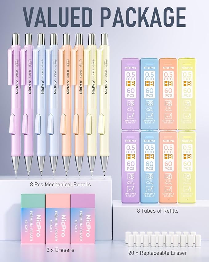 Nicpro 8 Pack Pastel Mechanical Pencil 0.5mm, Cute Fast Click Mechanical Pencils Set with 480PCS HB Lead Refills, 3 Erasers with Case, Aesthetic School Supplies for Writing Drawing Sketching