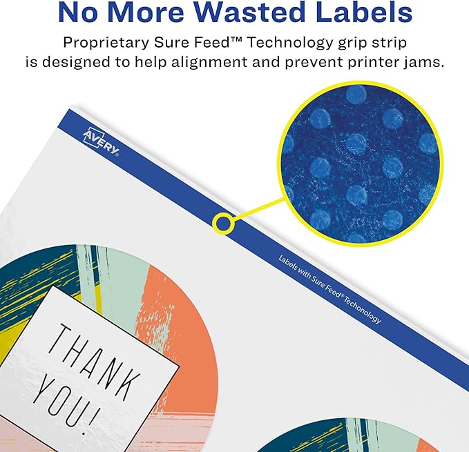 Avery Glossy White Round Labels, Sure Feed Technology, 3.5" Diameter, 40 Glossy White Labels, Print-to-The-Edge, Permanent Adhesive, Laser/Inkjet Printable