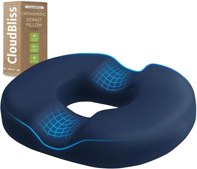CloudBliss Donut Pillow Seat Cushion for Tailbone Pain Relief and Hemorrhoids, Memory Foam Chair Cushion for Postpartum Pregnancy, Seat Cushions for Men and Women for Home & Office, (Blue)