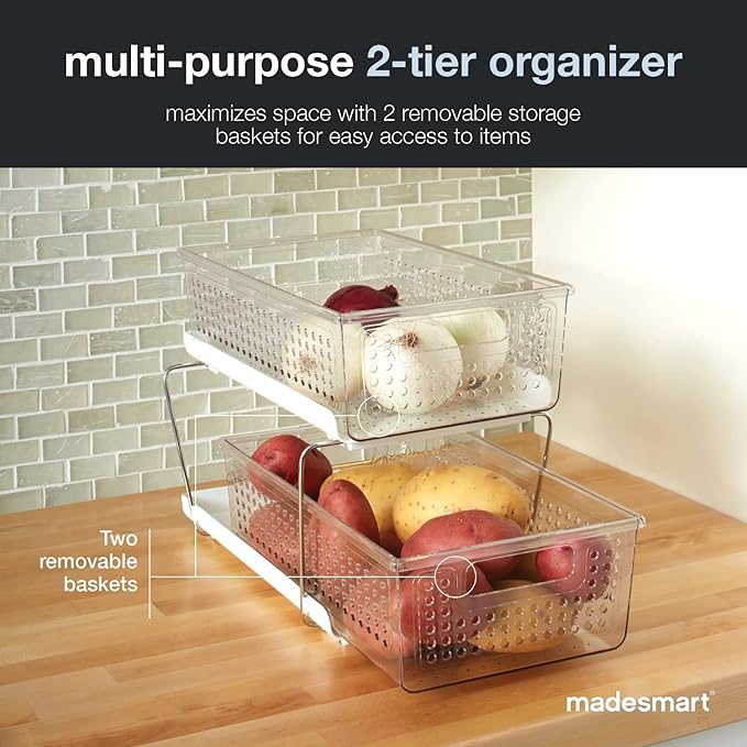 madesmart 2 Tier Organizer, Under Cabinet Storage with Pull Out Sliding Drawers, for Cleaning Supplies, Undersink Storage, Sponges, Bottles & Bath, Adjustable Dividers & Pull Out Baskets, Clear