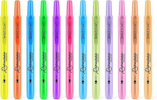 WRITECH Retractable Highlighters Assorted Colors: Chisel Tip Click Aesthetic Highlighter Marker Pens Pack Multi Colored Ink No Bleed Smear for Highlighting Journaling (12ct Neon+Pastel)