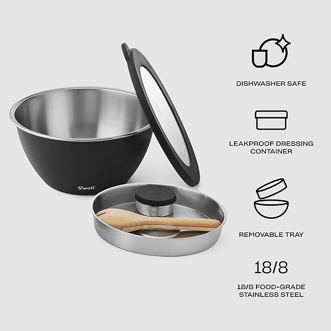 S'well Stainless Steel Salad Bowl Kit XL 184oz, Onyx, Includes 5oz Canister For Dressing, Serving Utensils, and Removable Tray, Leakproof, Easy to Clean, Dishwasher and Refrigerator Safe