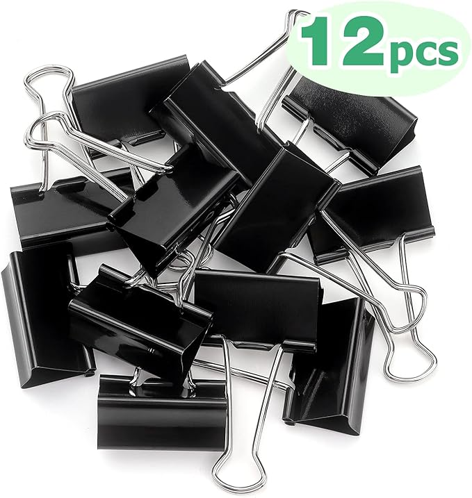 ZZTX Extra Large Binder Clips Paper Clamps Clips Black, 2.0 Inches, 12 Pack