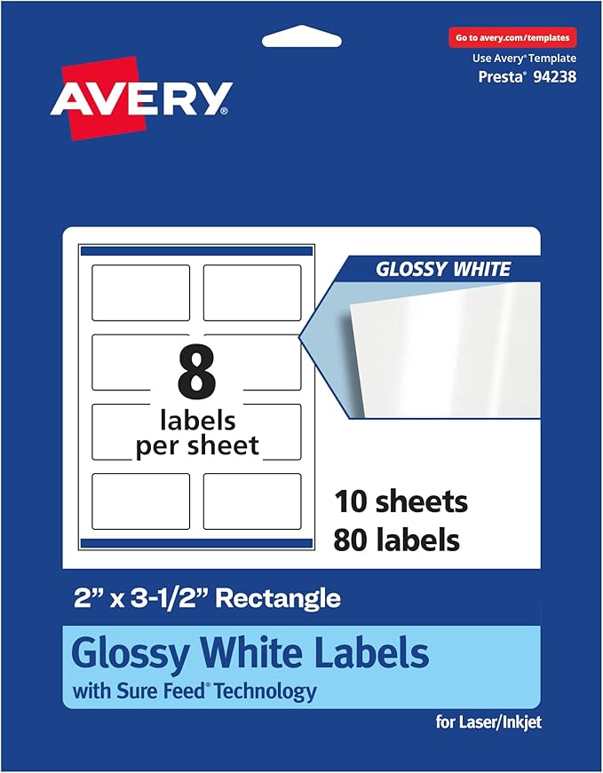 Avery Glossy White Rectangle Labels, Sure Feed Technology, 2" x 3.5", 80 Glossy White Labels, Print-to-The-Edge, Permanent Adhesive, Laser/Inkjet Printable