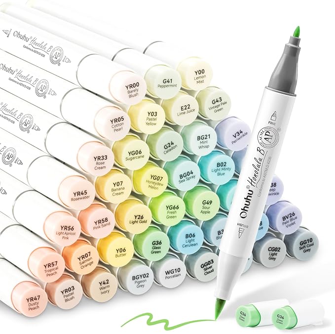 Ohuhu Pastel Alcohol Brush Markers - 48 New Pastel Colors - Blossoming - Alcohol Based Double Tipped Art Alcohol Markers for Artist Adults' Coloring Illustration - Brush & Fine Dual Tips - Honolulu B
