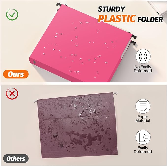 Extra Capacity Plastic Hanging File Folders,12 Pack Reinforced Expanding Hang Folder Letter Size,Accordian Pocket,Heavy Duty 2 Inch Expansion, Hard Hanging Folder Organizer for Office Home,Pink