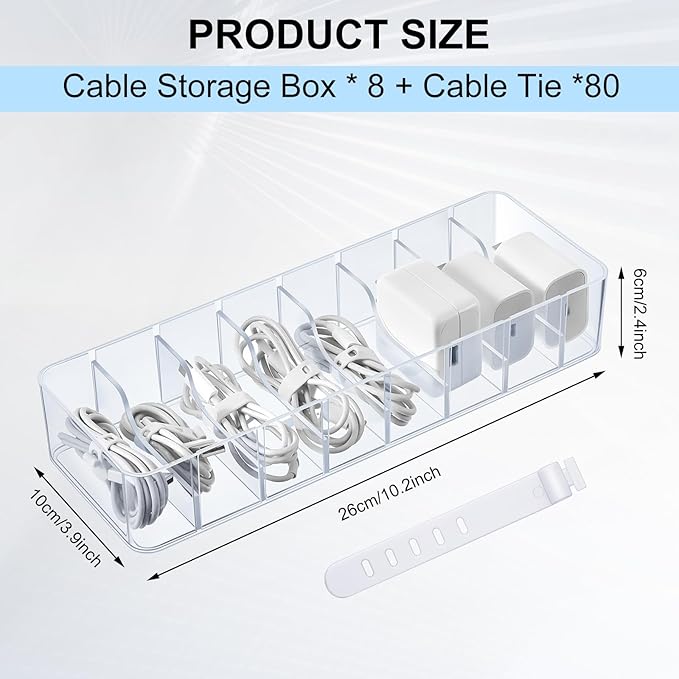 Tatuo 8 Pcs Cable Organizer with 80 Wire Ties, Plastic Cord Storage Charger Box Electronics Organizer with Adjustment Compartments Cable Storage for Drawer Home Office Desk Accessories (Clear)