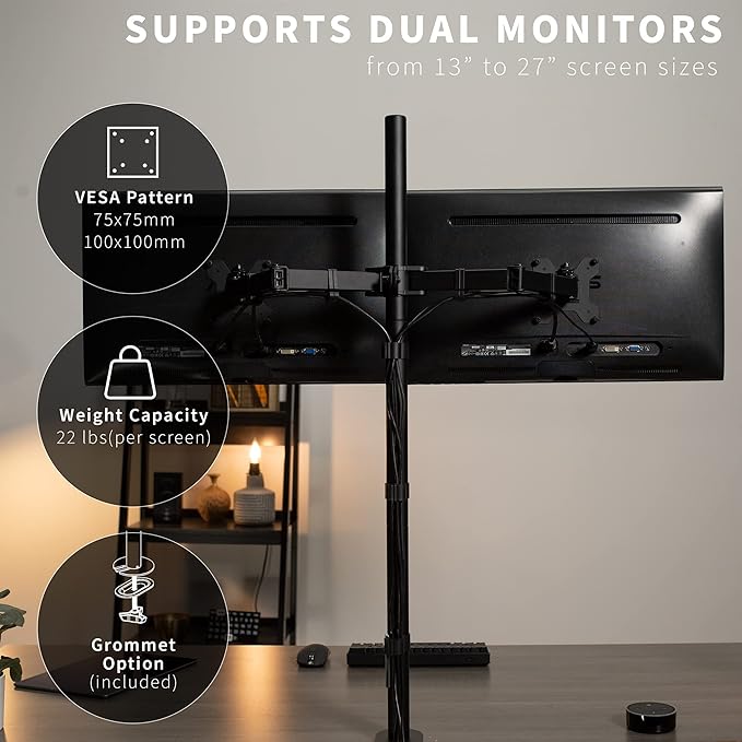 VIVO Dual Monitor Stand Up Desk Mount Extra Tall 39 inch Pole, Fully Adjustable Stand for up to 27 inch Screens, Black, STAND-V012