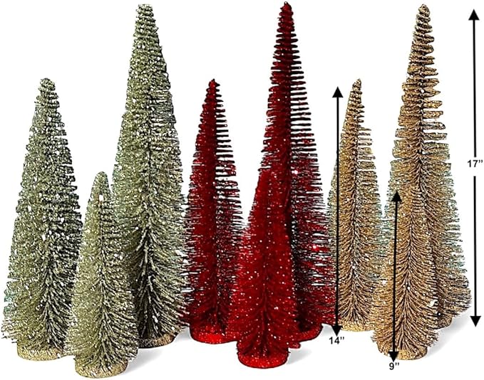 RAZ Imports Set of 3 Bottle Brush Trees – 17”, 14”, 9” Modern Christmas Holiday Winter Décor – Glittery Tabletop Mini Trees for Home Office Shelf Desk Mantel Fireplace Decoration (Red Glittered)