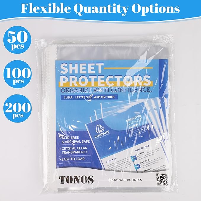 50 Pack Sheet Protectors for 3 Ring Binder - Clear Page Protectors & Plastic Sleeves for Paper 8.5x11 Inch, Binder Sleeves and Paper Protector Sheet for Document, Letter Size, Top Loading