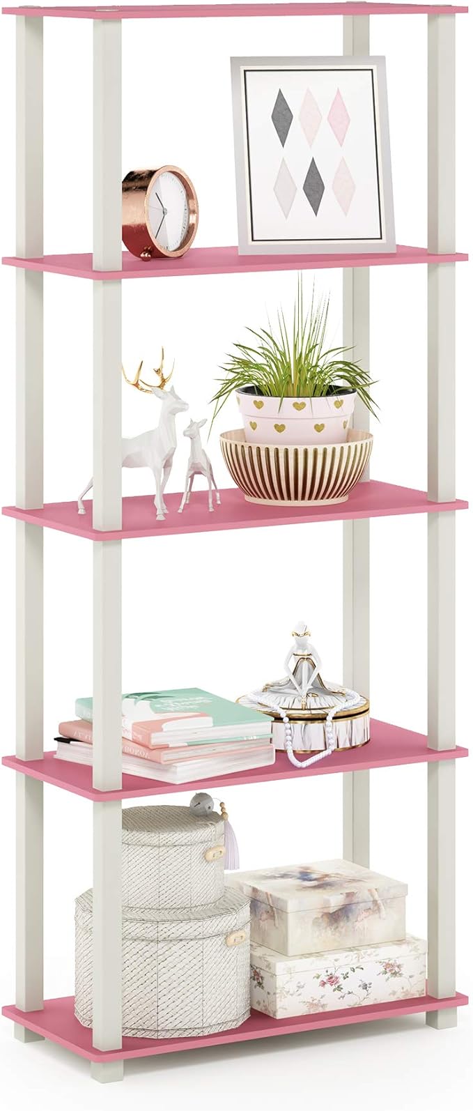 Furinno Turn-N-Tube 5-Tier Multipurpose Shelf / Display Rack / Storage Shelf / Bookshelf, Square Tubes, Pink/White