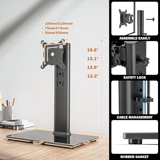 Single LCD Computer Monitor Free-Standing Desk Stand Mount Riser for 13 inch to 32 inch screen with Swivel, Height Adjustable, Rotation, Vesa Base Stand Holds One (1) Screen up to 77Lbs(HT05B-001))