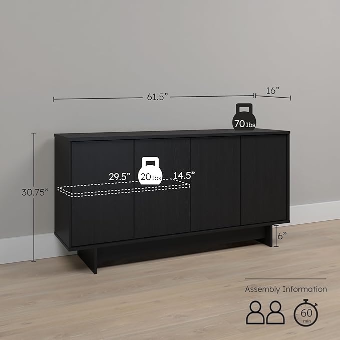 Prepac Finnley 61.5" Wide Sideboard Cabinet, Wood Entryway Sideboard with 2 Adjustable Shelves, Dining Room Buffet with 4 Doors, Living Room Accent Cabinet for Storage and Decorations, Black Oak