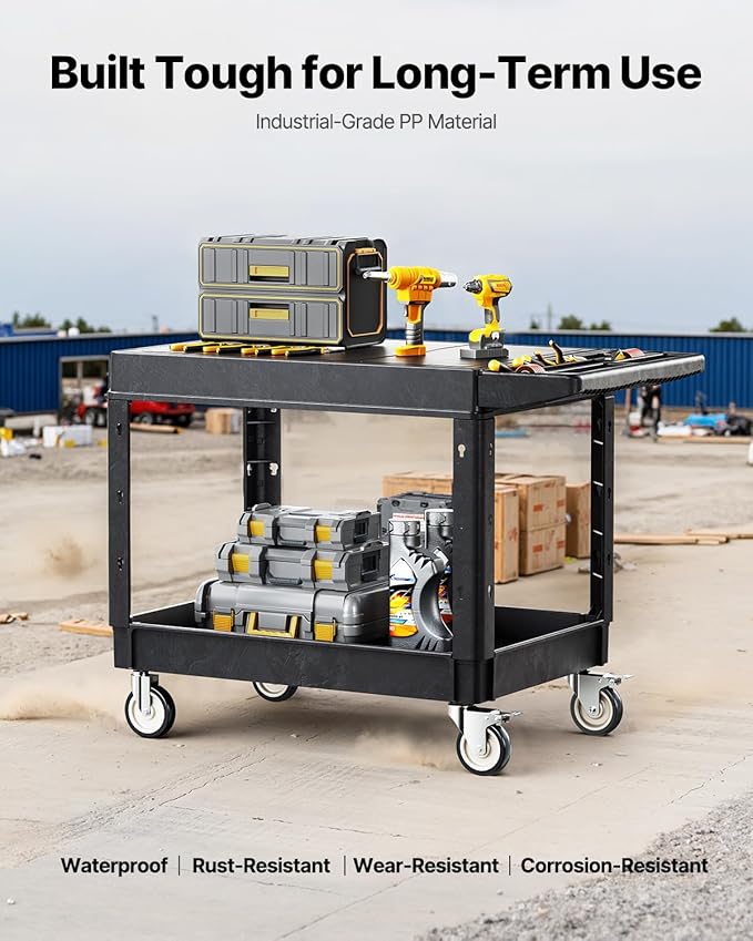 VEVOR Utility Cart, 550 lbs Load Capacity, 37 x 25.4-inch Service Cart, Two-Shelf Heavy Duty Plastic Utility Cart with 360° Swivel Wheels (2 with Brakes), Suitable for Warehouse, Garage, Cleaning