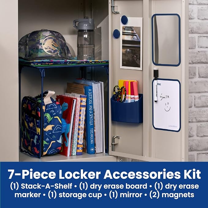 LockerMate 7-Piece Locker Organizer Kit, Includes Locker Shelf, Mirror, Whiteboard, Storage Cup & Dry Erase Marker, Blue