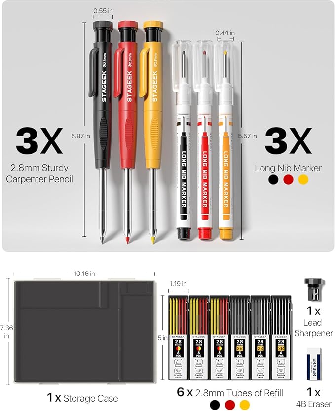 3PCS Carpenter Pencils with Sharpener, Heavy Duty Woodworking Tools, Mechanical Pencil Set with 39 Refills, Deep Hole Long Nib Marker Pens for Architect Marking with Case (Red, Black, Yellow)